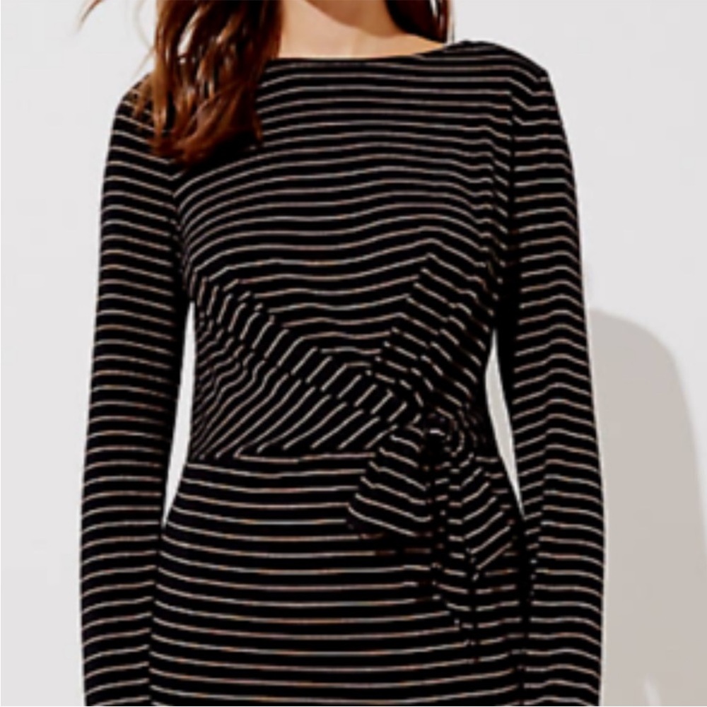 LOFT Long Sleeve Faux Tie Waist Black Dress with Gold Thin Stripes Women’s Large